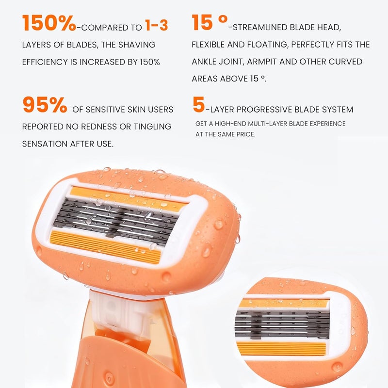 Keropy Moisturizing Bar Mini Travel Razor Kit for women Under Arm Pubic Hair Lines- 1 Handle and 3 Cartridges - Extra Smooth 5-blade With Case for Close Shaving - Orange - Image 5
